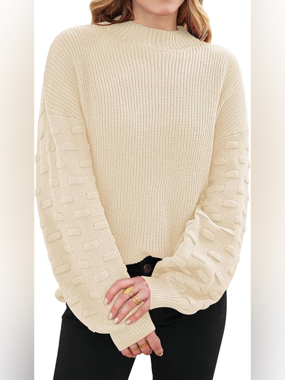 Cream Crewneck Sweater with Textured Sleeve Detail Oversized Women’s Size Large - Picture 8 of 8